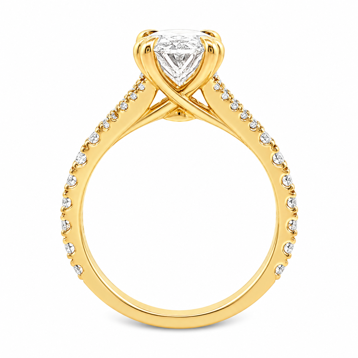 9ct Yellow Gold Oval Lab Grown Diamond Ring with Double Heart Claws & Split Diamond Set Shoulders – 2.71ct TDW