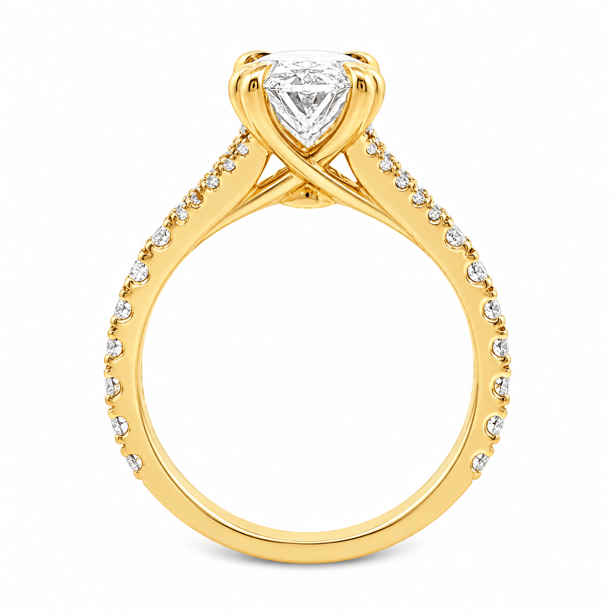 9ct Yellow Gold Oval Lab Grown Diamond Ring with Double Heart Claws & Split Diamond Set Shoulders – 2.71ct TDW - Diamond Lab Boutique