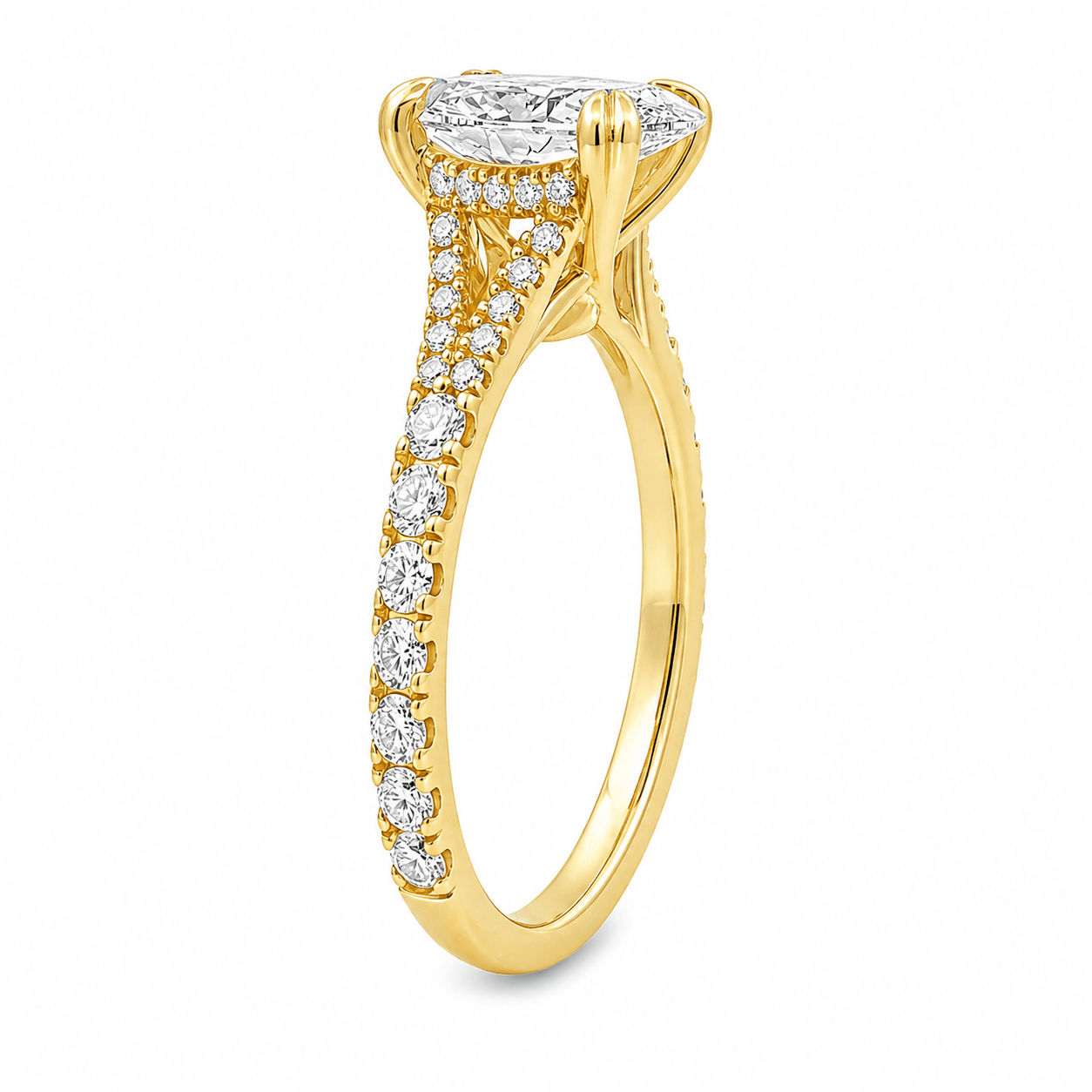 9ct Yellow Gold Oval Lab Grown Diamond Ring with Double Heart Claws & Split Diamond Set Shoulders – 2.71ct TDW - Diamond Lab Boutique