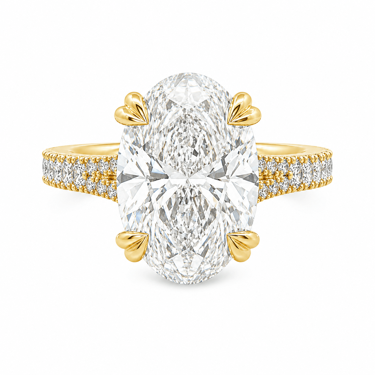 18ct Yellow Gold Oval Lab Grown Diamond Ring with Double Heart Claws, Split Shoulders & Peek-A-Boo Diamond – 6.75ct TDW - Diamond Lab Boutique