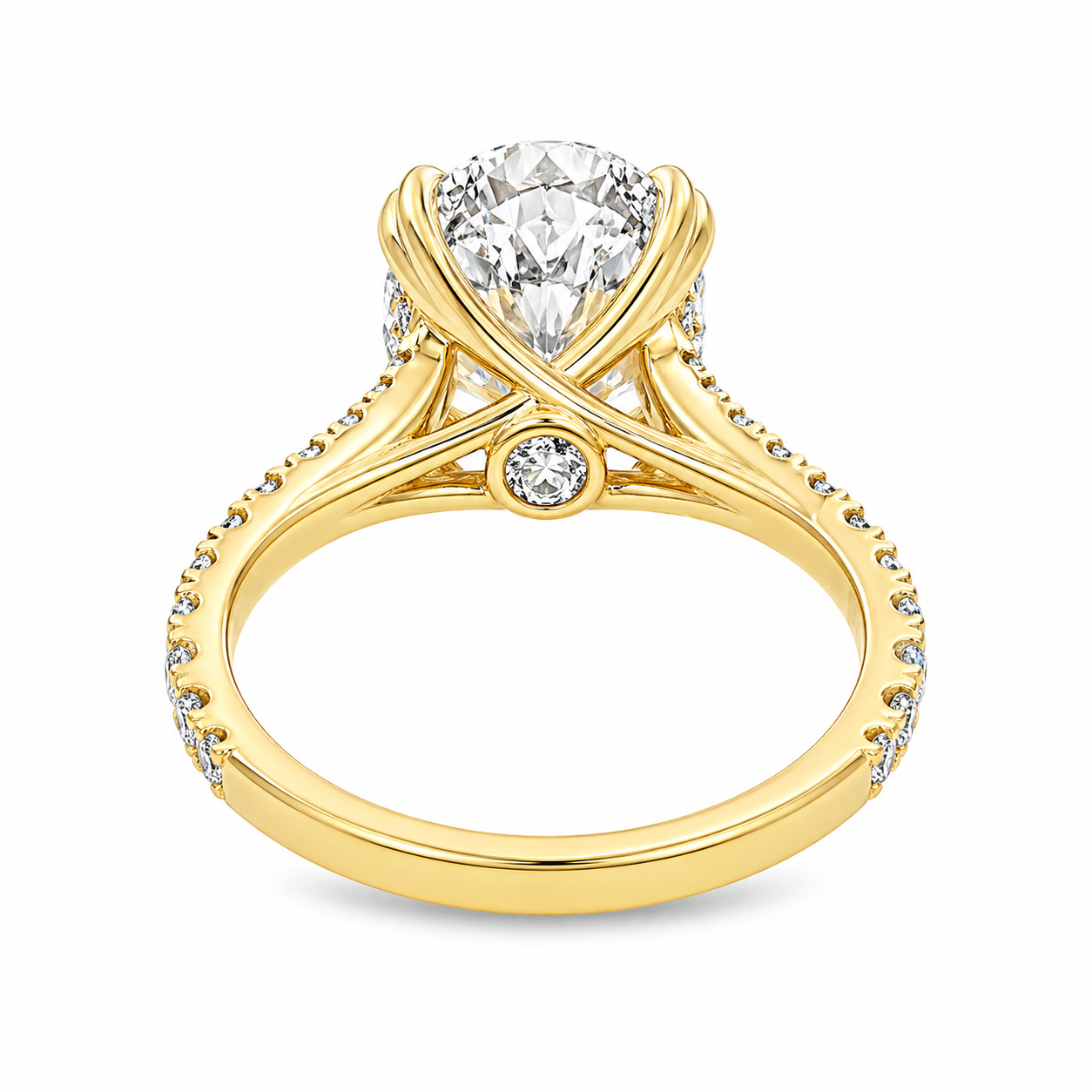 18ct Yellow Gold Oval Lab Grown Diamond Ring with Double Heart Claws, Split Shoulders & Peek-A-Boo Diamond – 6.75ct TDW
