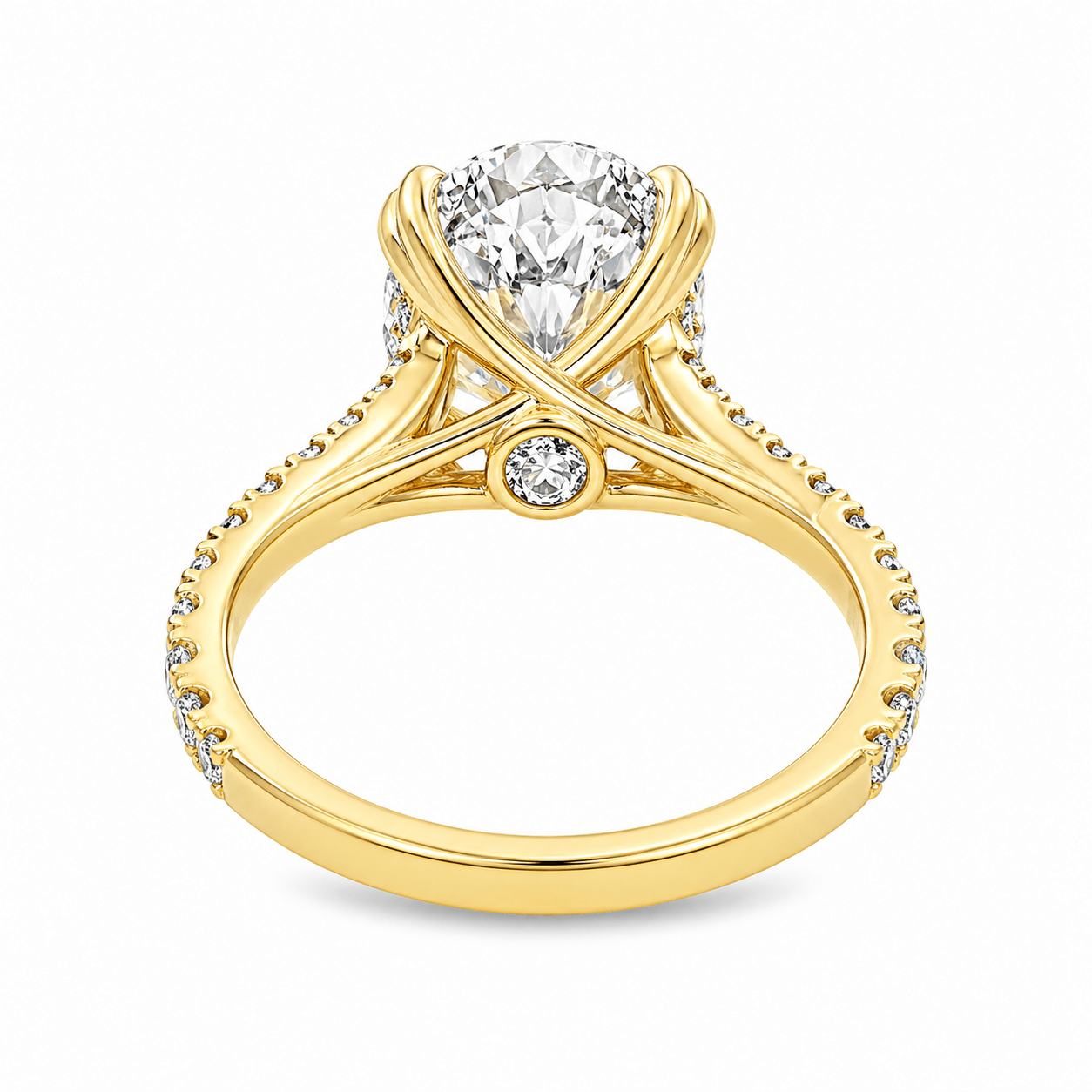 18ct Yellow Gold Oval Lab Grown Diamond Ring with Double Heart Claws, Split Shoulders & Peek-A-Boo Diamond – 6.75ct TDW - Diamond Lab Boutique