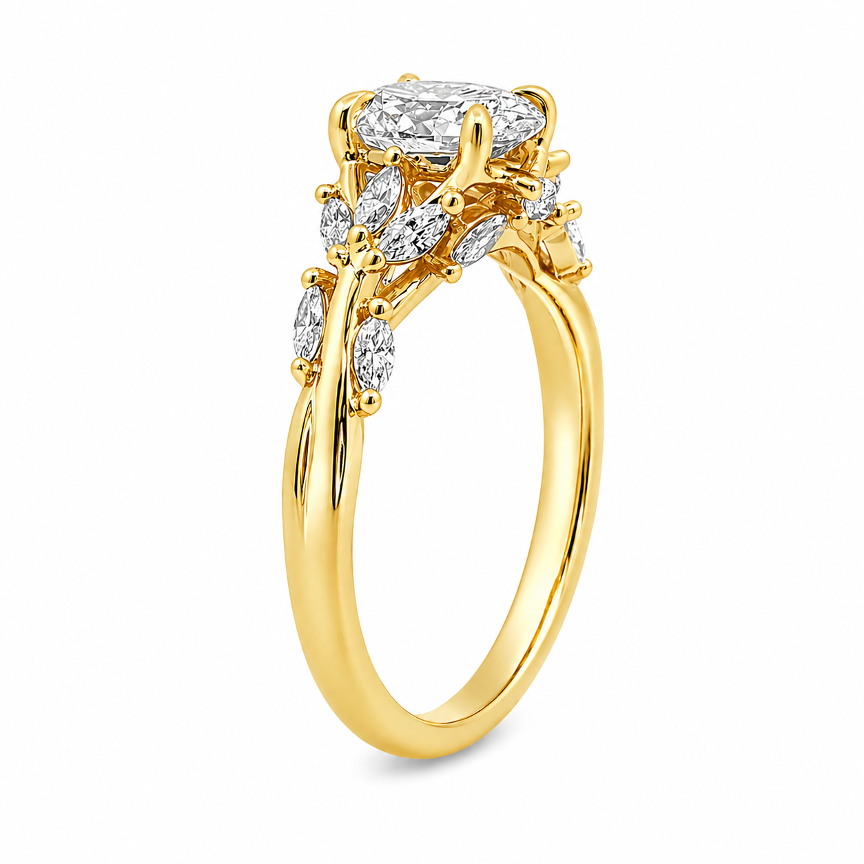 9ct Yellow Gold Oval Lab Grown Diamond Ring with Marquise Vine Inspired Shoulders – 1.37ct TDW