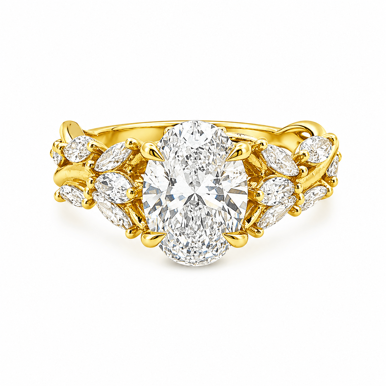 18ct Yellow Gold Oval Lab Grown Diamond Ring with Marquise Vine Inspired Shoulders – 2.97ct TDW - Diamond Lab Boutique