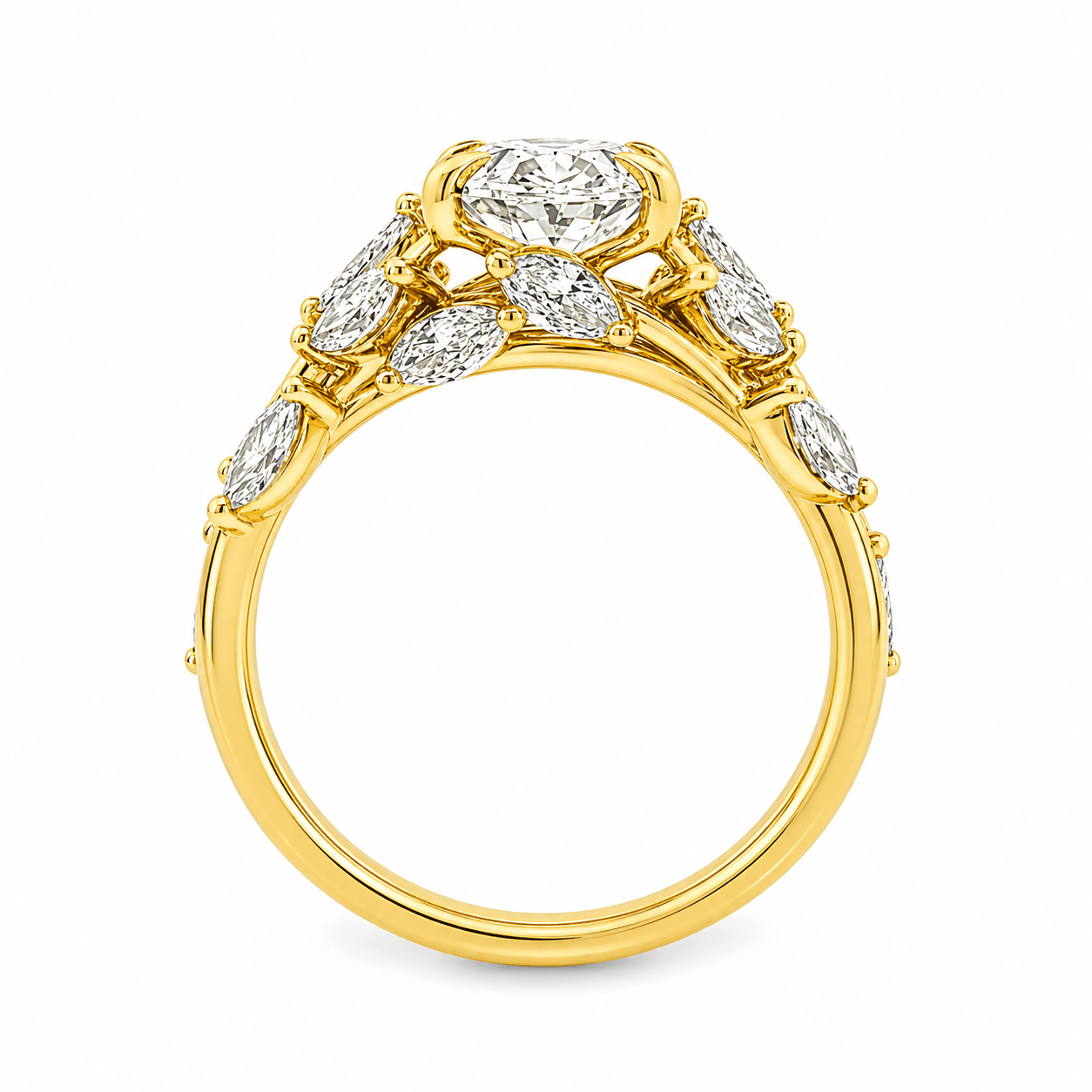 18ct Yellow Gold Oval Lab Grown Diamond Ring with Marquise Vine Inspired Shoulders – 2.97ct TDW - Diamond Lab Boutique