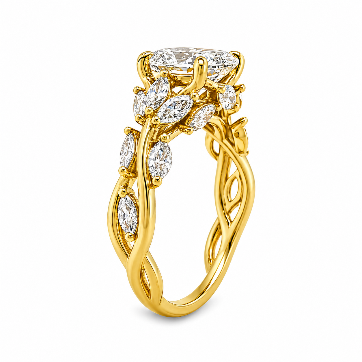 18ct Yellow Gold Oval Lab Grown Diamond Ring with Marquise Vine Inspired Shoulders – 2.97ct TDW