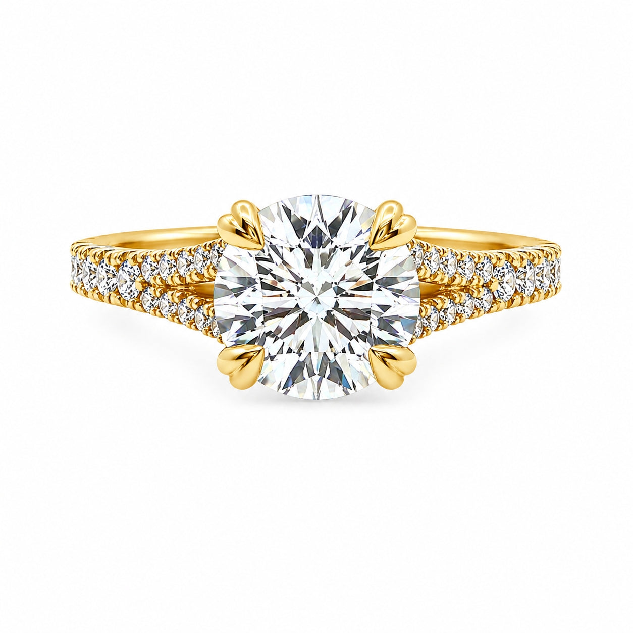 9ct Yellow Gold Round Lab Grown Diamond Ring with Double Heart Claws, Split Shoulders & Peek-A-Boo Diamond – 2.47ct TDW