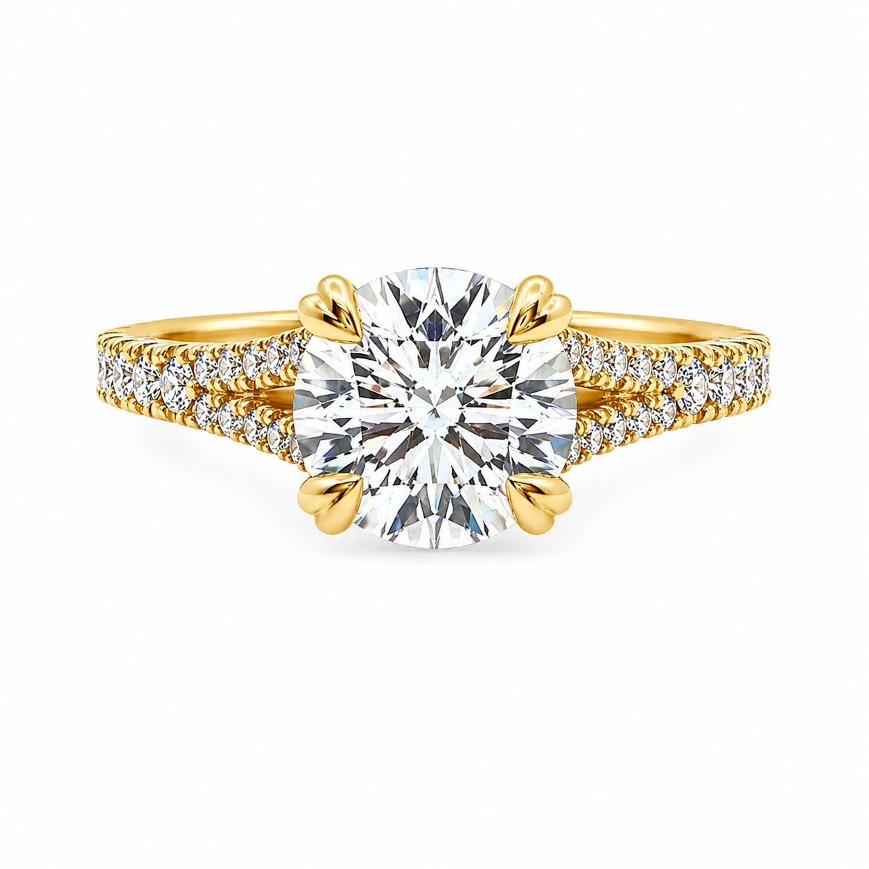 9ct Yellow Gold Round Lab Grown Diamond Ring with Double Heart Claws, Split Shoulders & Peek-A-Boo Diamond – 2.47ct TDW - Diamond Lab Boutique