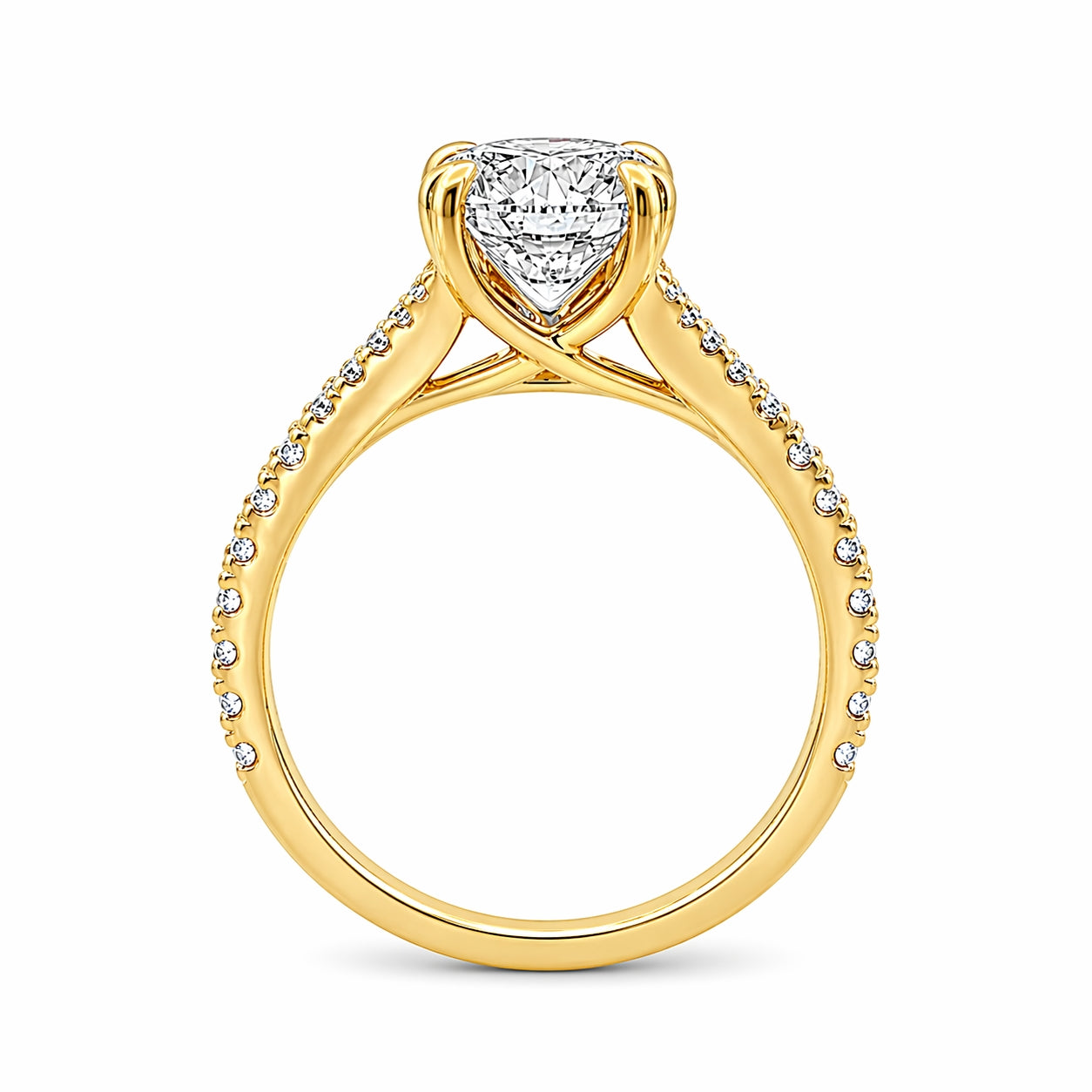 9ct Yellow Gold Round Lab Grown Diamond Ring with Double Heart Claws, Split Shoulders & Peek-A-Boo Diamond – 2.47ct TDW