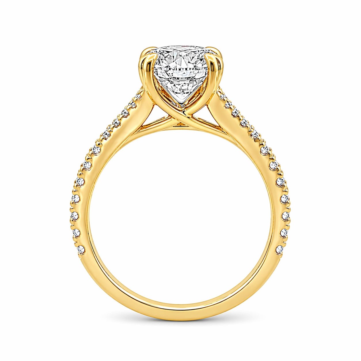 9ct Yellow Gold Round Lab Grown Diamond Ring with Double Heart Claws, Split Shoulders & Peek-A-Boo Diamond – 2.47ct TDW - Diamond Lab Boutique