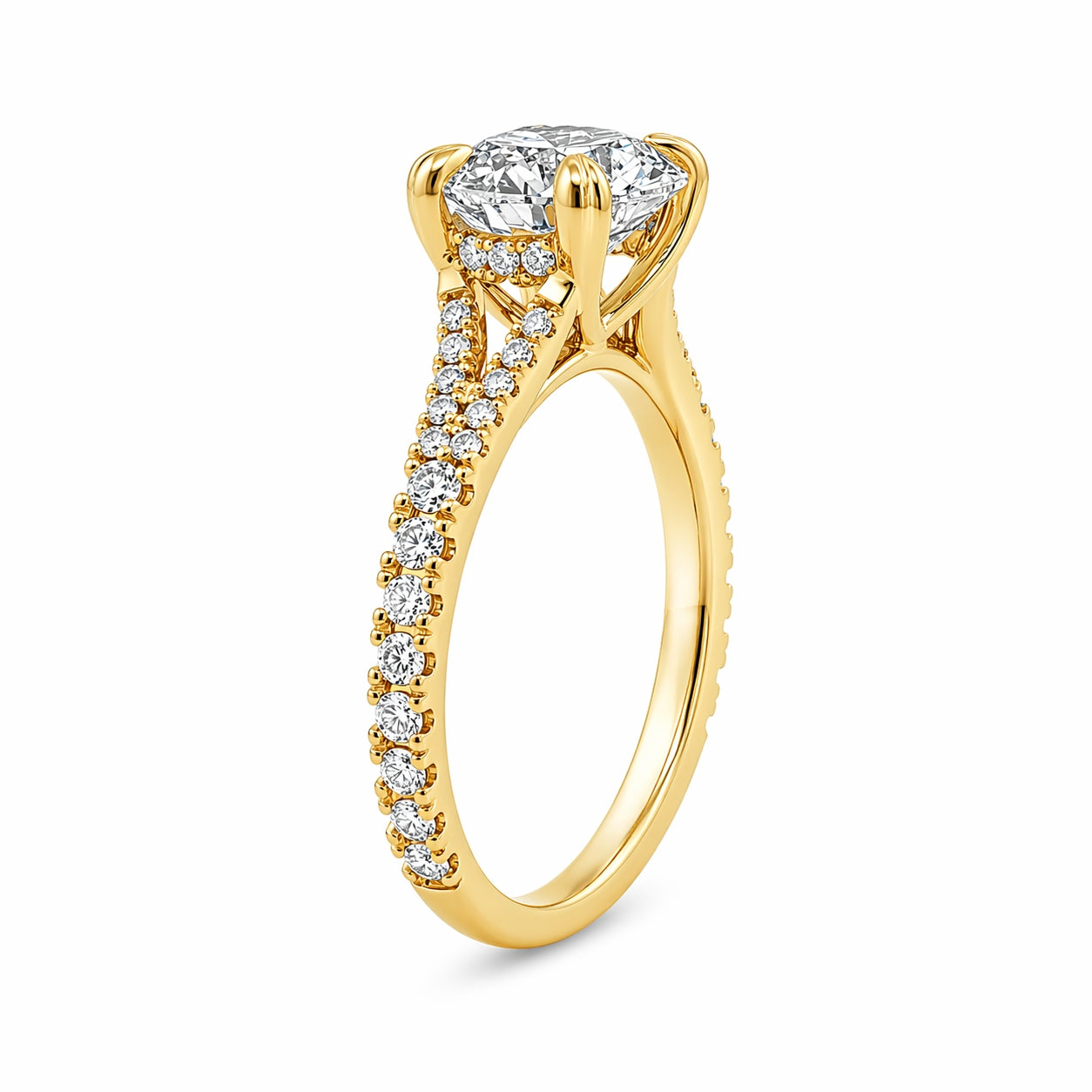 9ct Yellow Gold Round Lab Grown Diamond Ring with Double Heart Claws, Split Shoulders & Peek-A-Boo Diamond – 2.47ct TDW