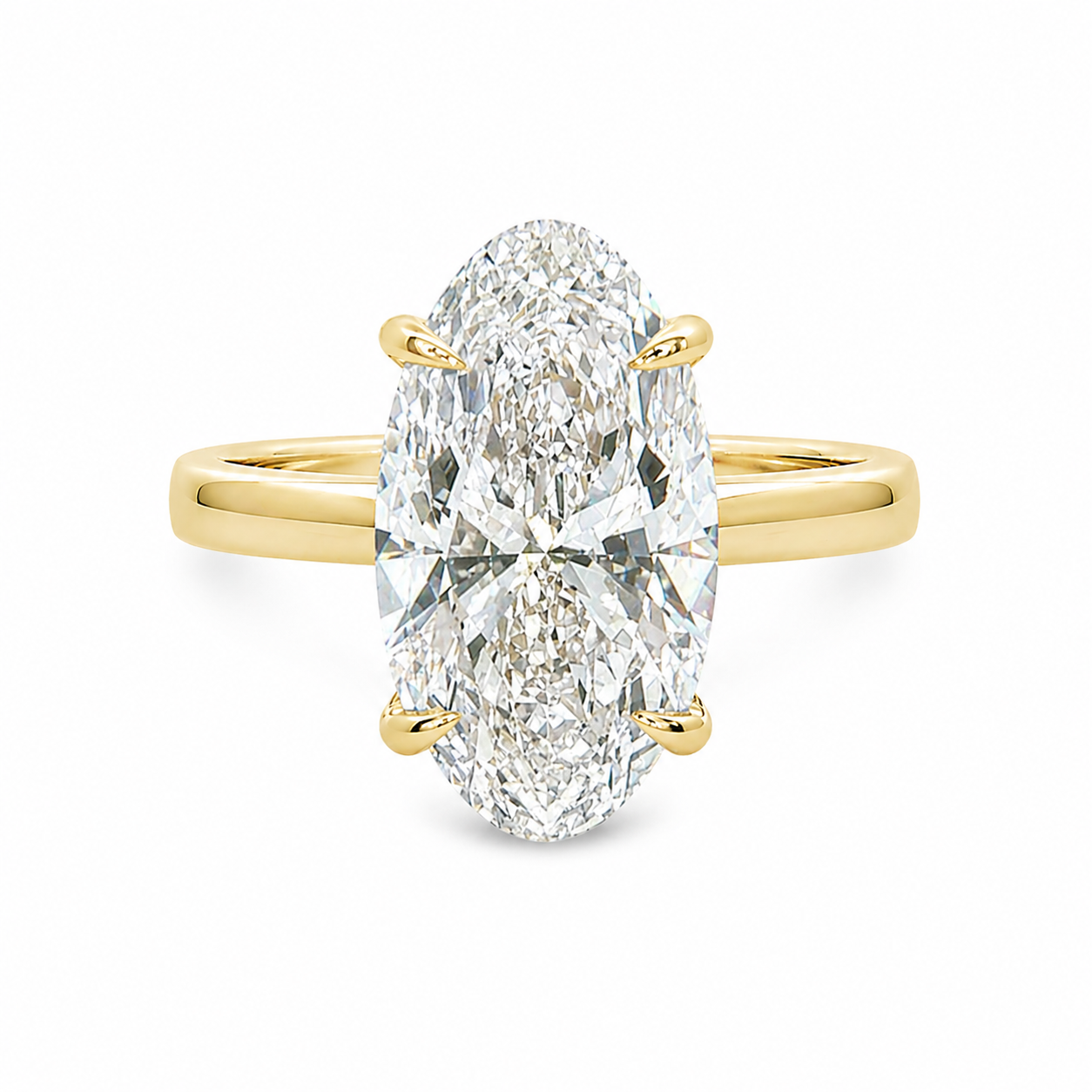 18ct Yellow Gold Moval Lab Grown Diamond Solitaire Ring with Hidden Halo – 3.96ct TDW