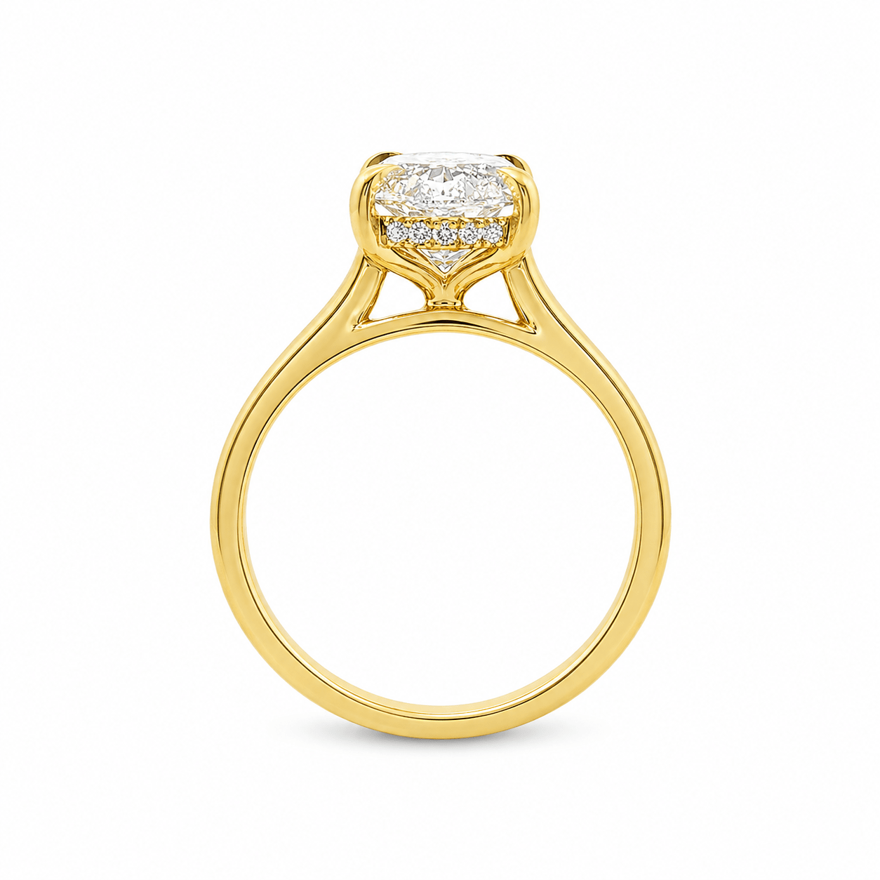 18ct Yellow Gold Moval Lab Grown Diamond Solitaire Ring with Hidden Halo – 3.96ct TDW - Diamond Lab Boutique