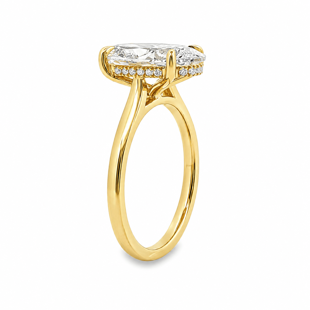 18ct Yellow Gold Moval Lab Grown Diamond Solitaire Ring with Hidden Halo – 3.96ct TDW - Diamond Lab Boutique