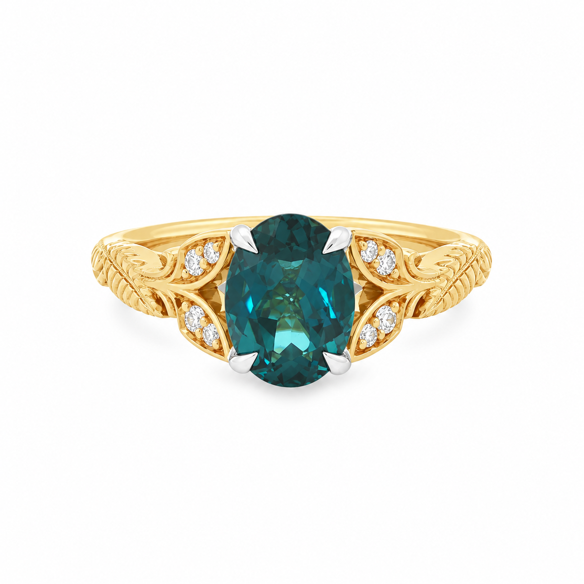 9ct Yellow & White Gold 8x6mm Oval Cut Lab Grown Blue Sapphire 4 Eagle Claw Ring with Leaf Inspired Diamond & Cathedral Shoulders