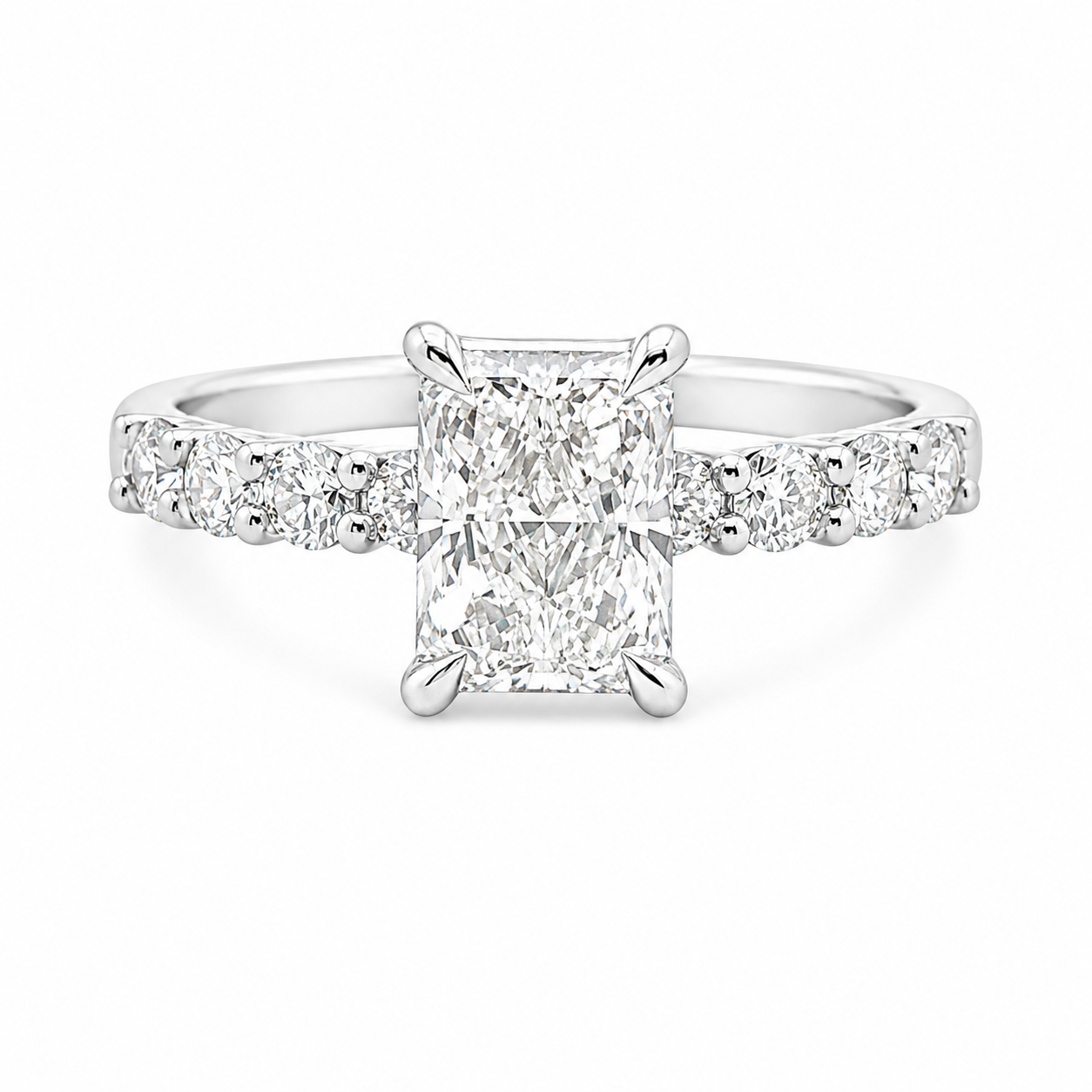 18ct White Gold Radiant Cut Lab Grown Diamond Ring with Diamond Set Shoulders – 1.45ct TDW