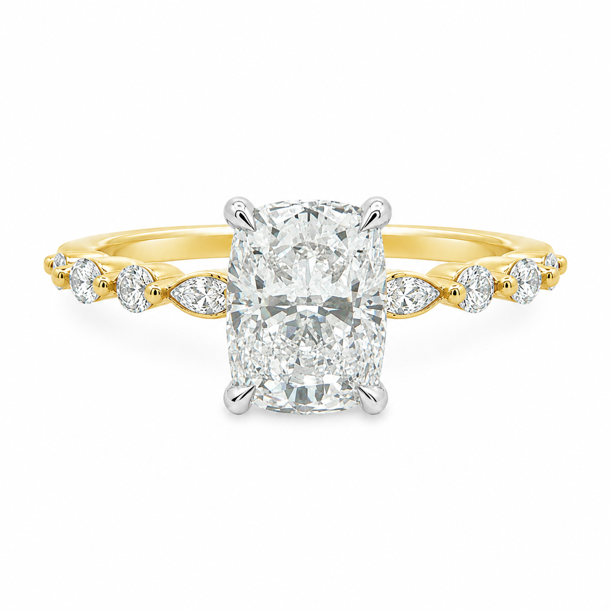 9ct Yellow & White Gold Elongated Cushion Cut Lab Grown Diamond Ring with Hidden Halo & Round and Marquise Diamond Shoulders – 2.58ct TDW