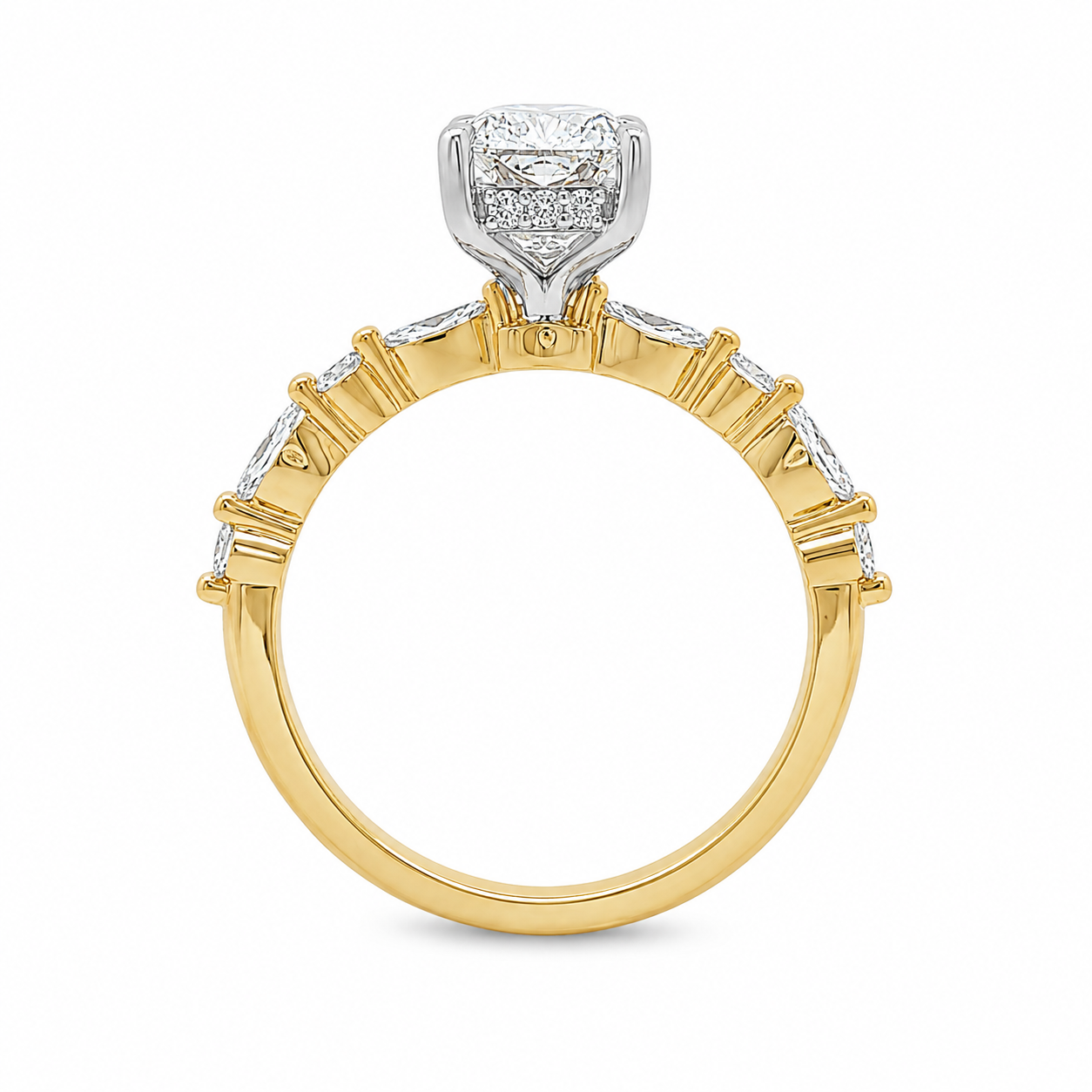 9ct Yellow & White Gold Elongated Cushion Cut Lab Grown Diamond Ring with Hidden Halo & Round and Marquise Diamond Shoulders – 2.58ct TDW