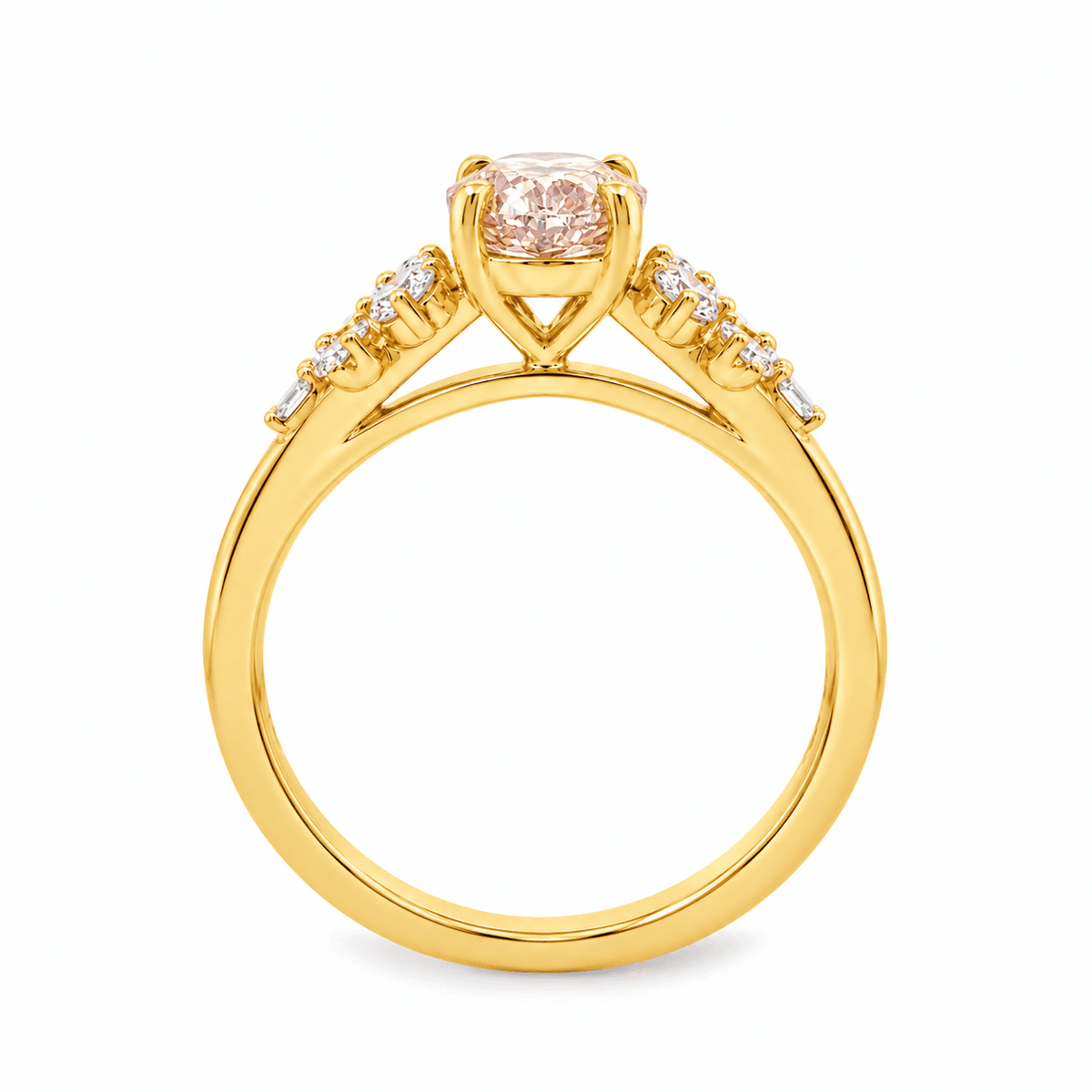 9ct Yellow Gold 1.35ct Pink Oval Cut Eagle Claw Solitaire Ring with Cluster Diamond Shoulders