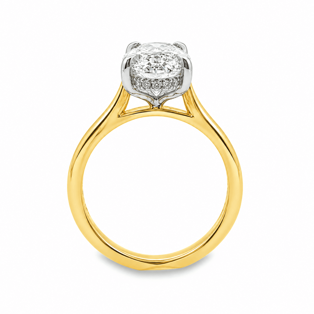 18ct Yellow & White Gold 4.09ct Moval Cut 4 Eagle Claw Solitaire Ring with Hidden Halo