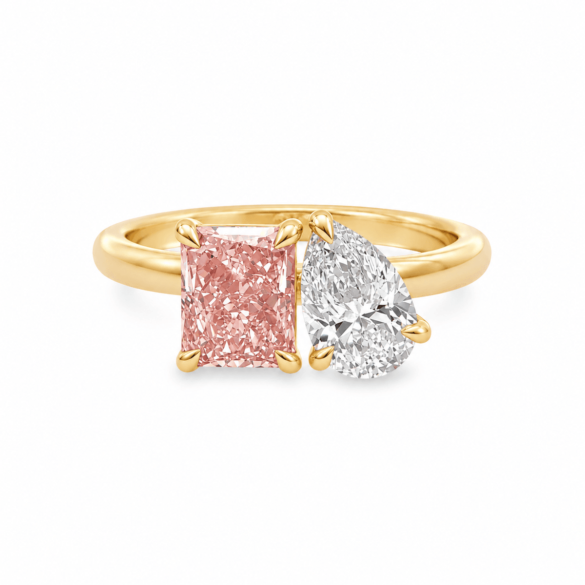 9ct Yellow Gold 1.26ct Pink Radiant Cut & 0.75ct Pear Cut Eagle Claw Toi Et Moi Ring