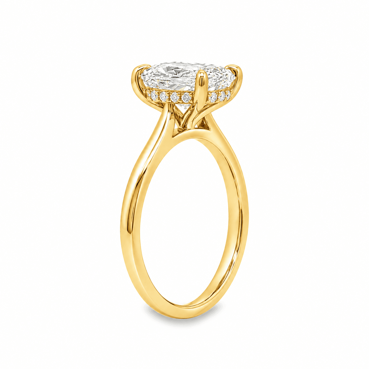 14ct Yellow Gold 2.07ct Elongated Cushion Cut 4 Eagle Claw Solitaire Ring with Hidden Halo & Cathedral Shoulders
