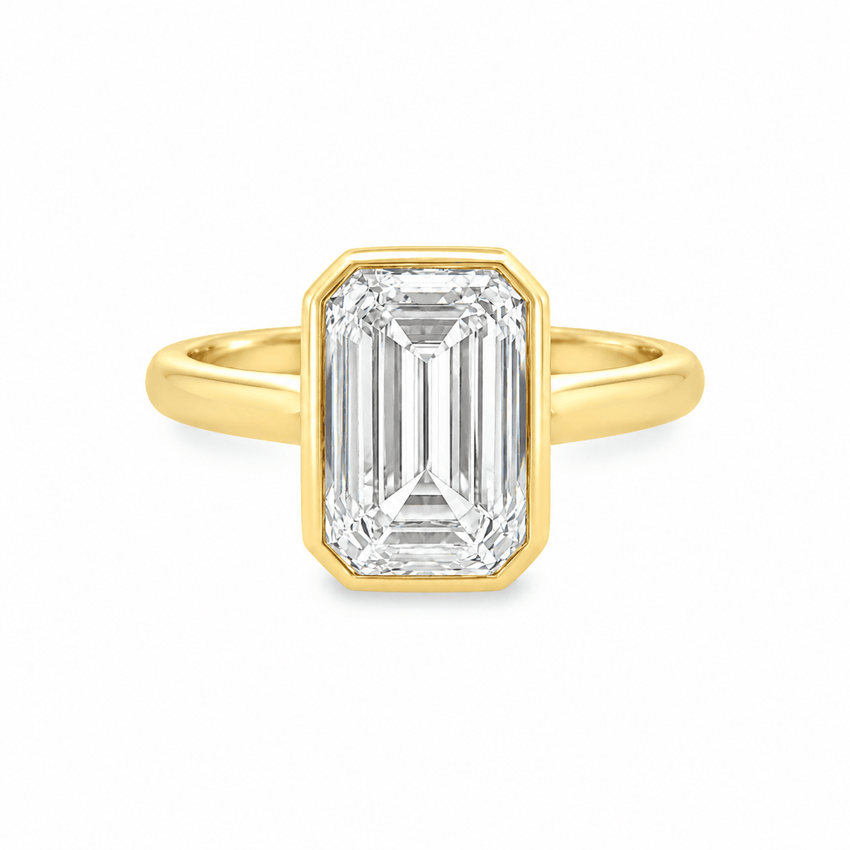 14ct Yellow Gold 3.54ct Emerald Cut Bezel Set Solitaire Ring with Cathedral Shoulders