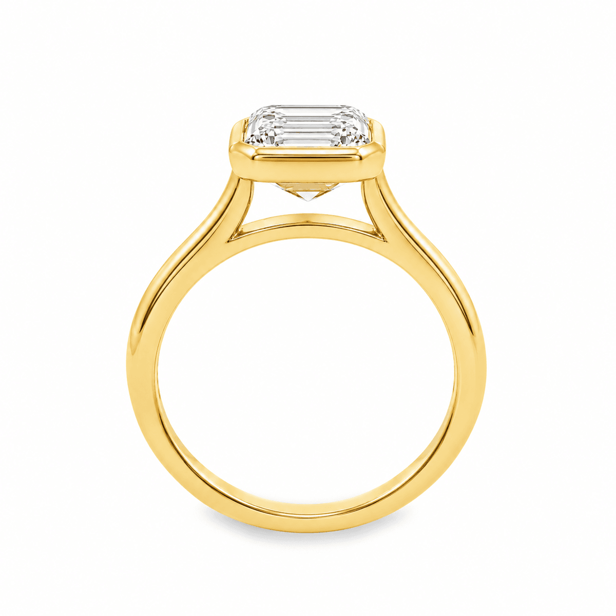 14ct Yellow Gold 3.54ct Emerald Cut Bezel Set Solitaire Ring with Cathedral Shoulders