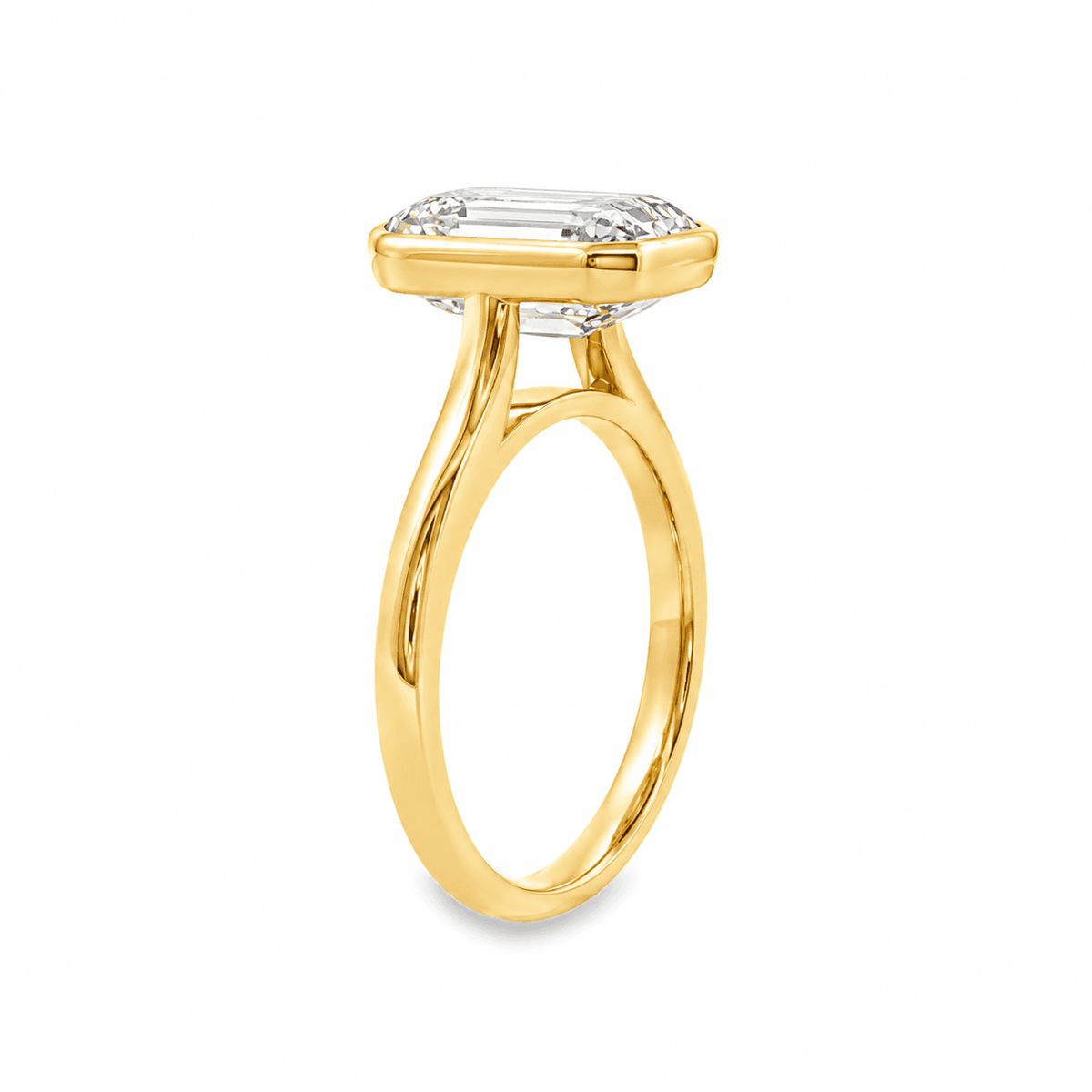 14ct Yellow Gold 3.54ct Emerald Cut Bezel Set Solitaire Ring with Cathedral Shoulders