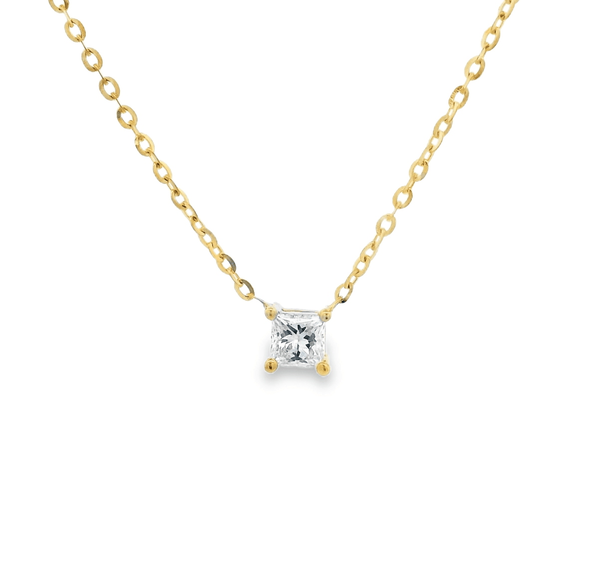 9ct YG Princess Cut LGD approx 0.20ct F+ VS+ 4-claw solitaire pendant on a 45cm cable chain