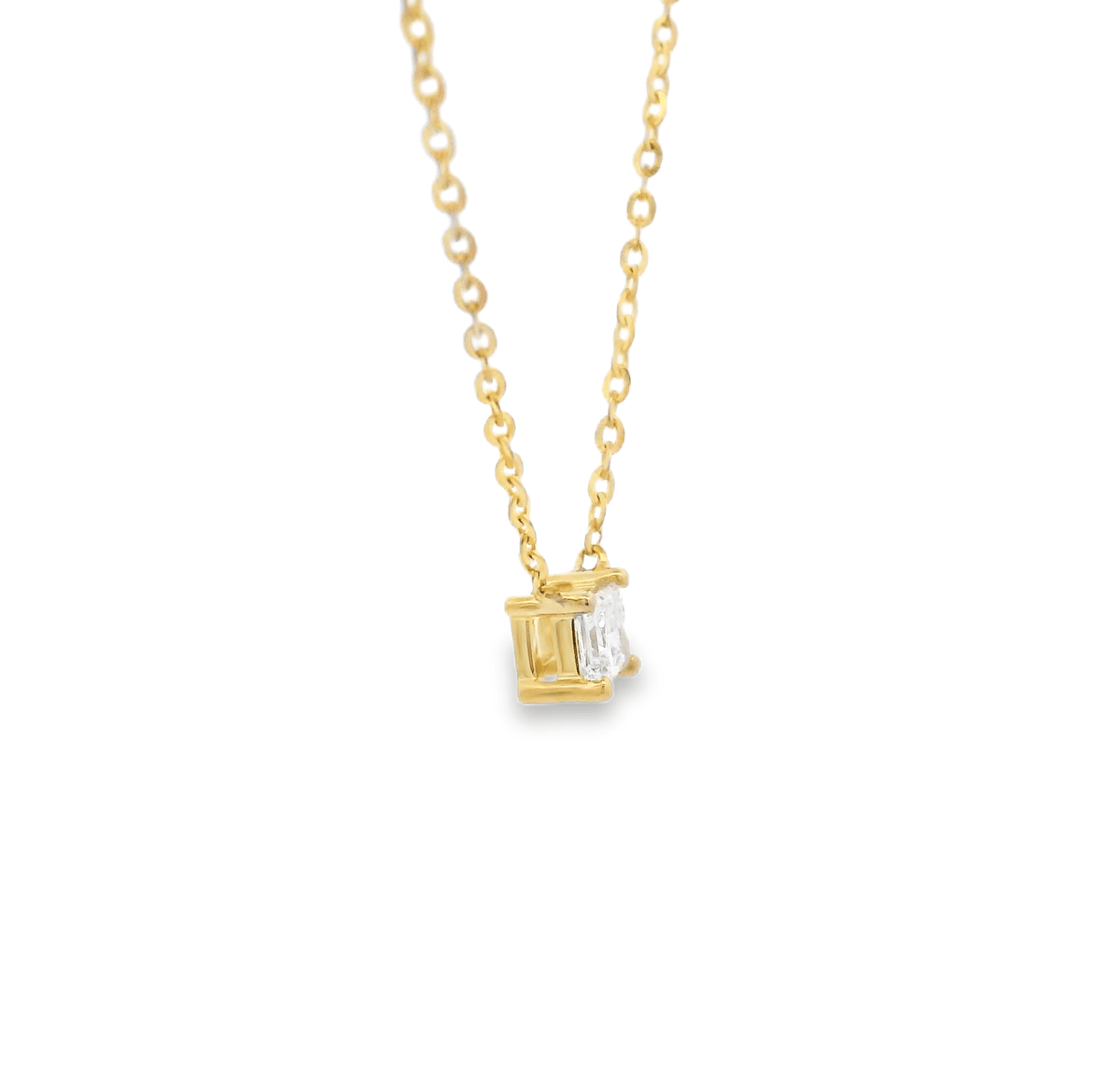 9ct YG Princess Cut LGD approx 0.20ct F+ VS+ 4-claw solitaire pendant on a 45cm cable chain