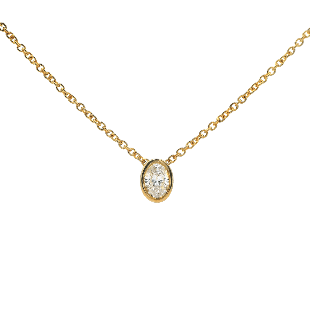 9ct YG Oval Cut LGD approx 0.25ct F+ VS+ Bezel Set Pendant with a 45cm Cable Chain
