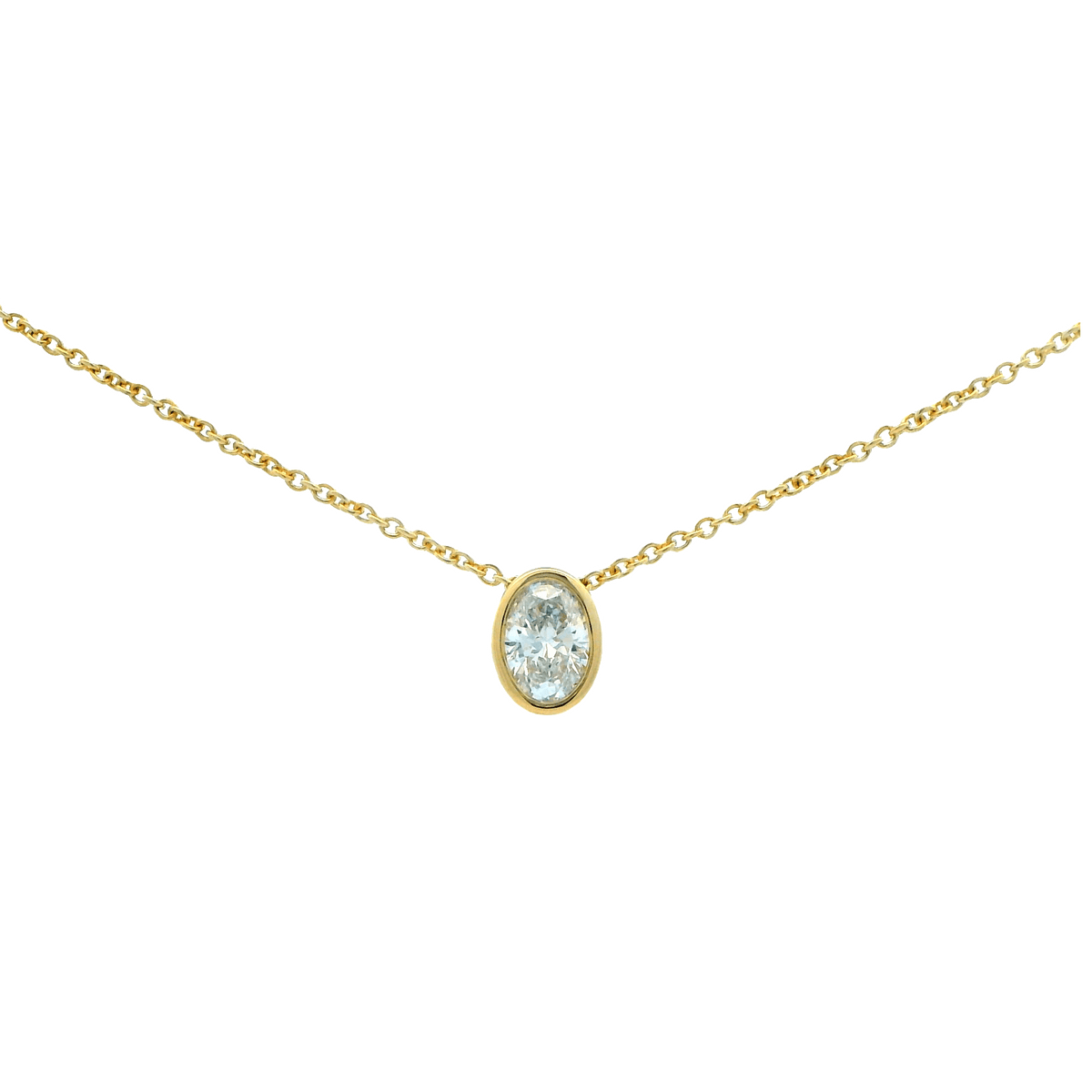 9ct YG Oval cut LGD 0.50ct F+ VS+ bezel set slider on 45cm chain Non-Certified