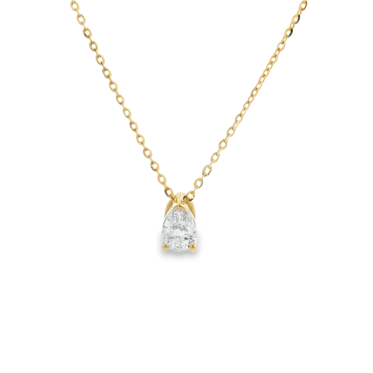 9ct YG Pear Cut LGD 0.52ct E VVS2 Non-Certified claw set slider pendant on a 45cm chain