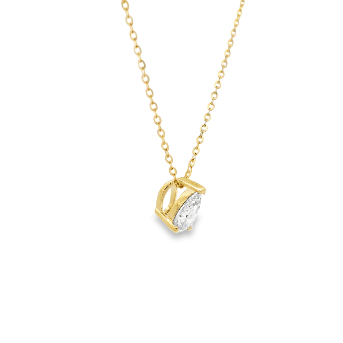 9ct YG Pear Cut LGD 0.52ct E VVS2 Non-Certified claw set slider pendant on a 45cm chain
