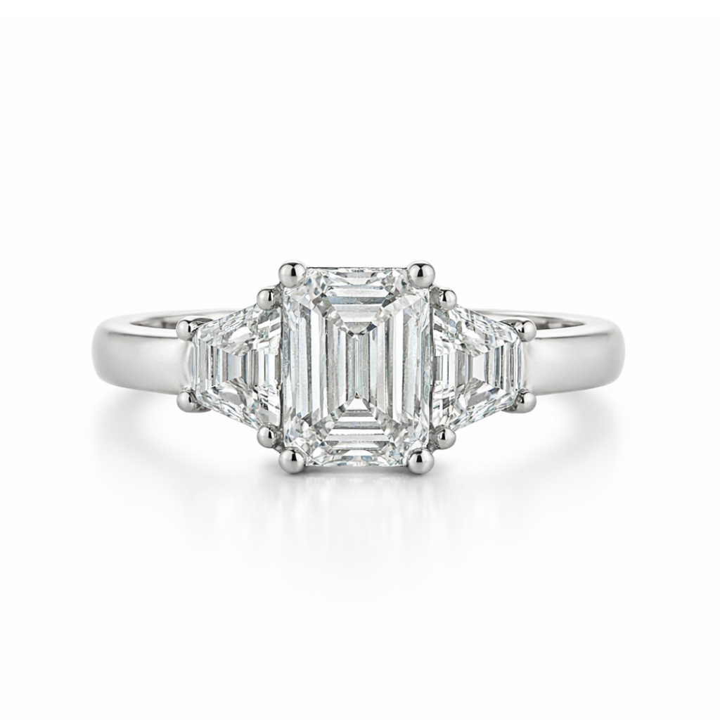1.50ct Lab Diamond Trilogy Engagement Ring | Platinum, Emerald + Trapezoid Cuts