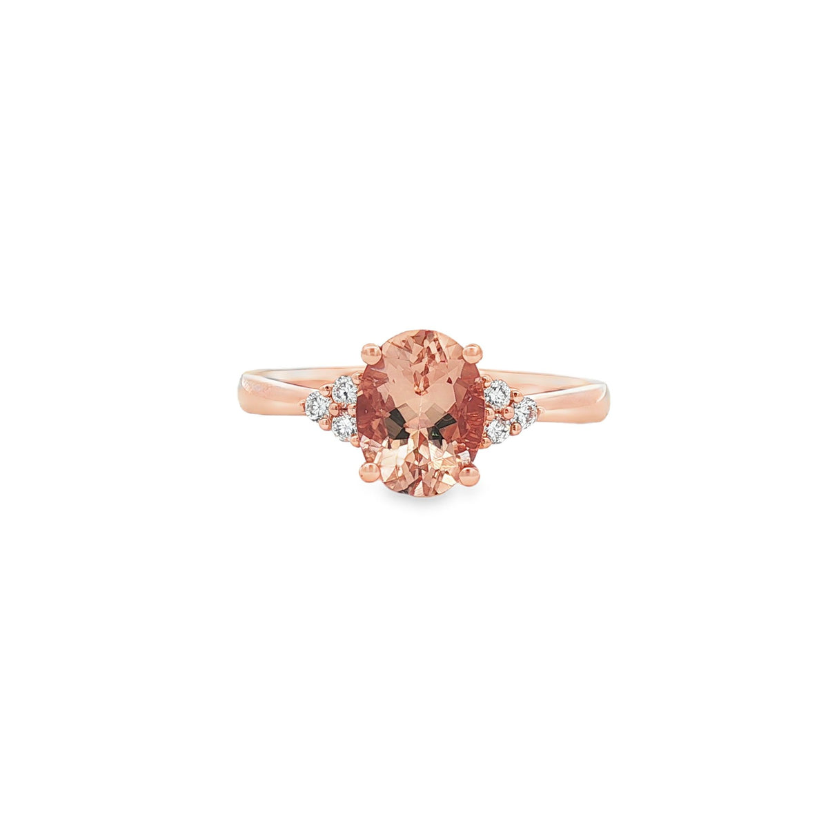 9ct Rose Gold 4 Claw Oval Morganite and Lab Grown Diamond Ring with Trio Cluster Sides – 0.10ct TDW