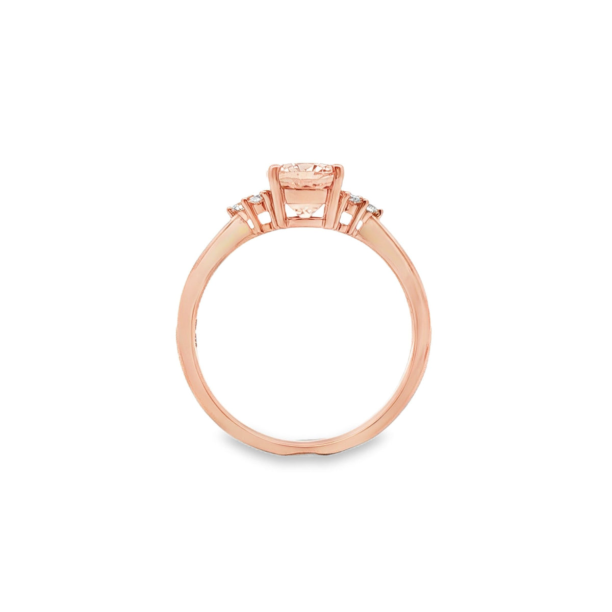 9ct Rose Gold 4 Claw Oval Morganite and Lab Grown Diamond Ring with Trio Cluster Sides – 0.10ct TDW