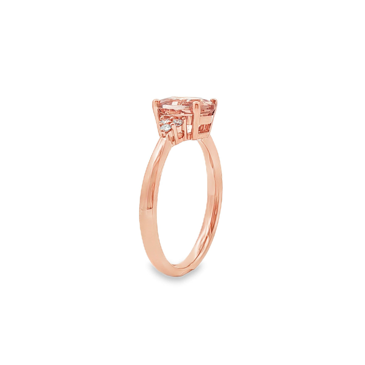 9ct Rose Gold 4 Claw Oval Morganite and Lab Grown Diamond Ring with Trio Cluster Sides – 0.10ct TDW