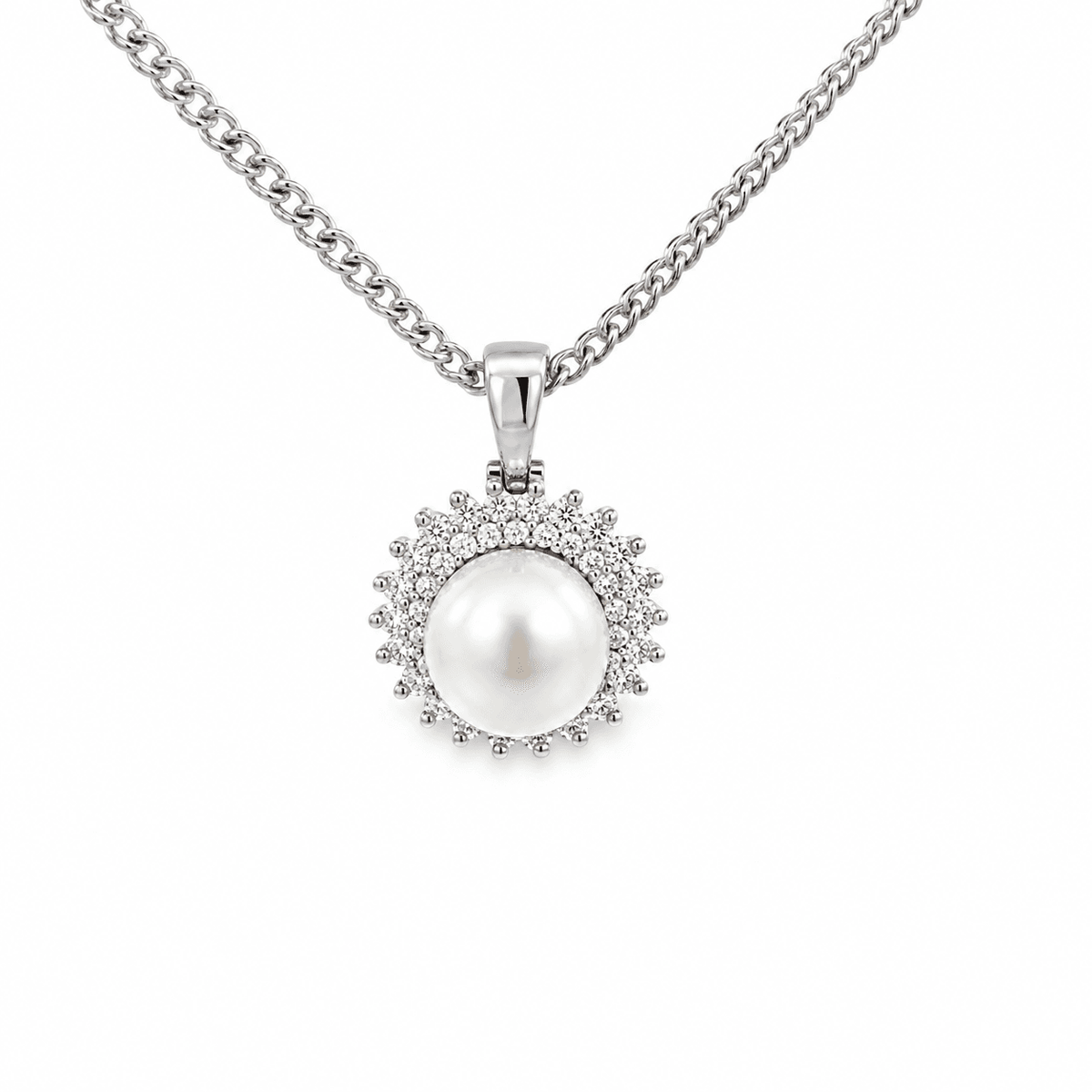 9ct White Gold Fresh Water Pearl and Double Halo Lab Grown Diamond Pendant TDW= 0.30ct