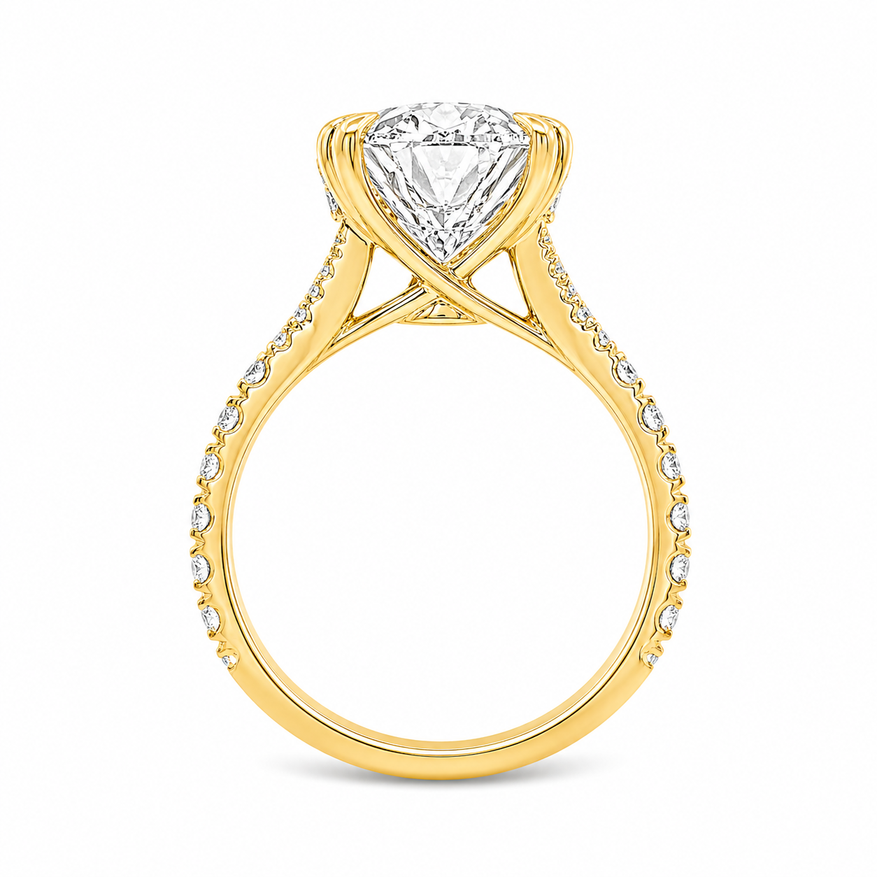 18ct Yellow Gold Oval Lab Grown Diamond Ring with Double Heart Claws, Split Shoulders & Peek-A-Boo Diamond – 6.75ct TDW