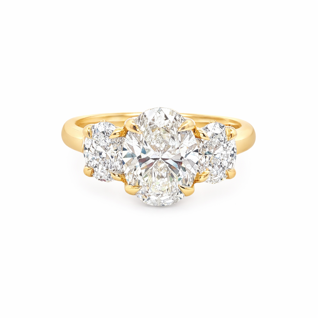 1.04ct E VS1 Oval Lab-Grown Diamond Trilogy Ring in 18ct Yellow Gold (1.54ct TDW)