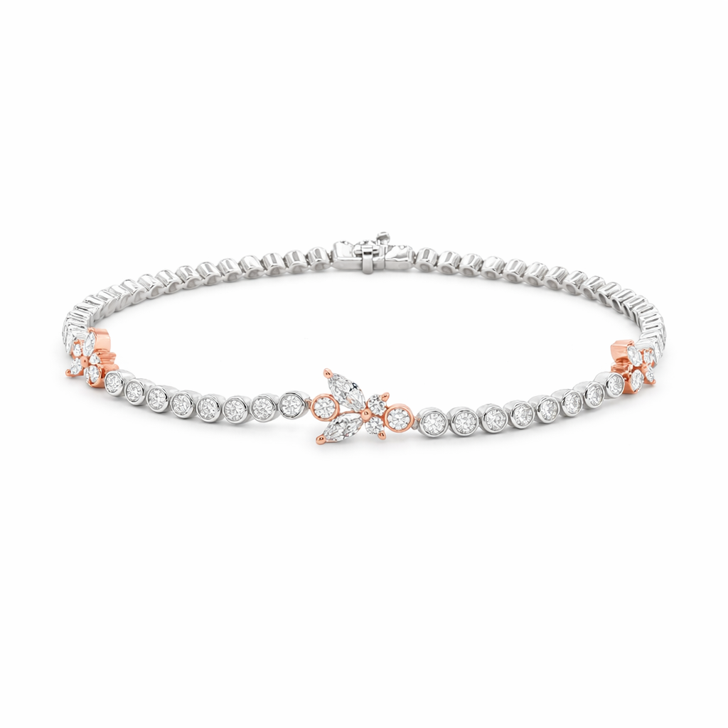 9ct White and Rose Gold Bezel Set Lab Grown Diamond Tennis Bracelet with Butterfly Motifs – 2.81ct TDW