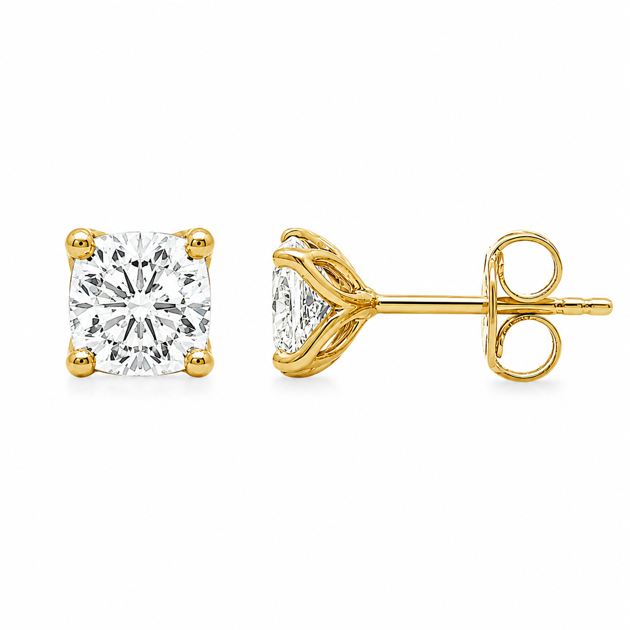 9ct Yellow Gold Tulip 4-Claw Set Cushion Cut Lab Grown Diamond Earrings – 1.50ct TDW