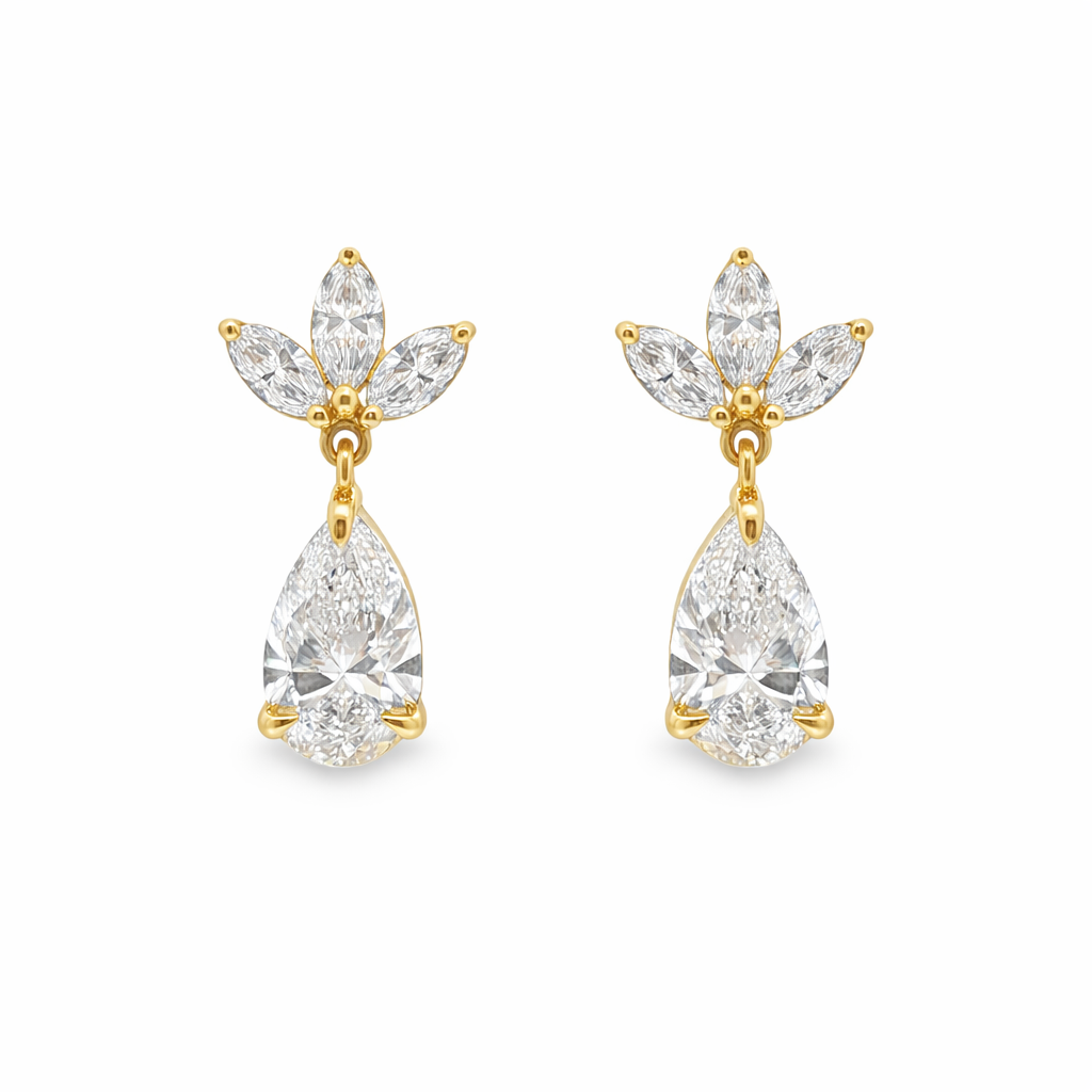 9ct Yellow Gold Pear Cut Lab Grown Diamond Drop Earrings with Marquise Accents – 2.92ct TDW