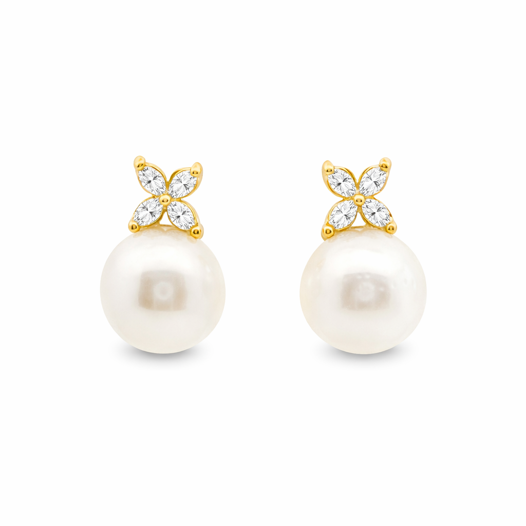 9ct Yellow Gold South Sea Pearl & Marquise Lab Grown Diamond Drop Earrings – 0.20ct TDW