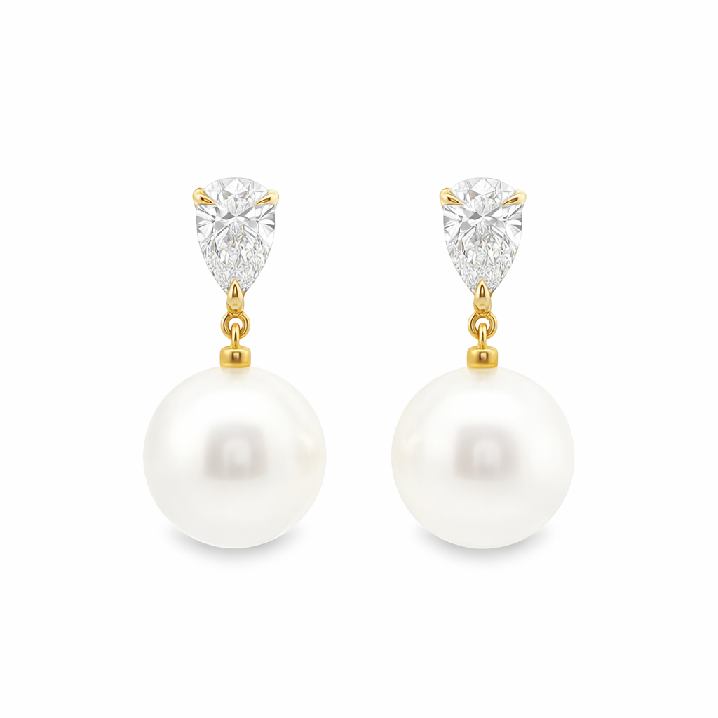 9ct Yellow Gold South Sea Pearl & Pear Cut Lab Grown Diamond Drop Stud Earrings – 2.05ct TDW