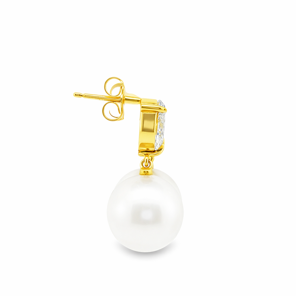 9ct Yellow Gold South Sea Pearl & Pear Cut Lab Grown Diamond Drop Stud Earrings – 2.05ct TDW
