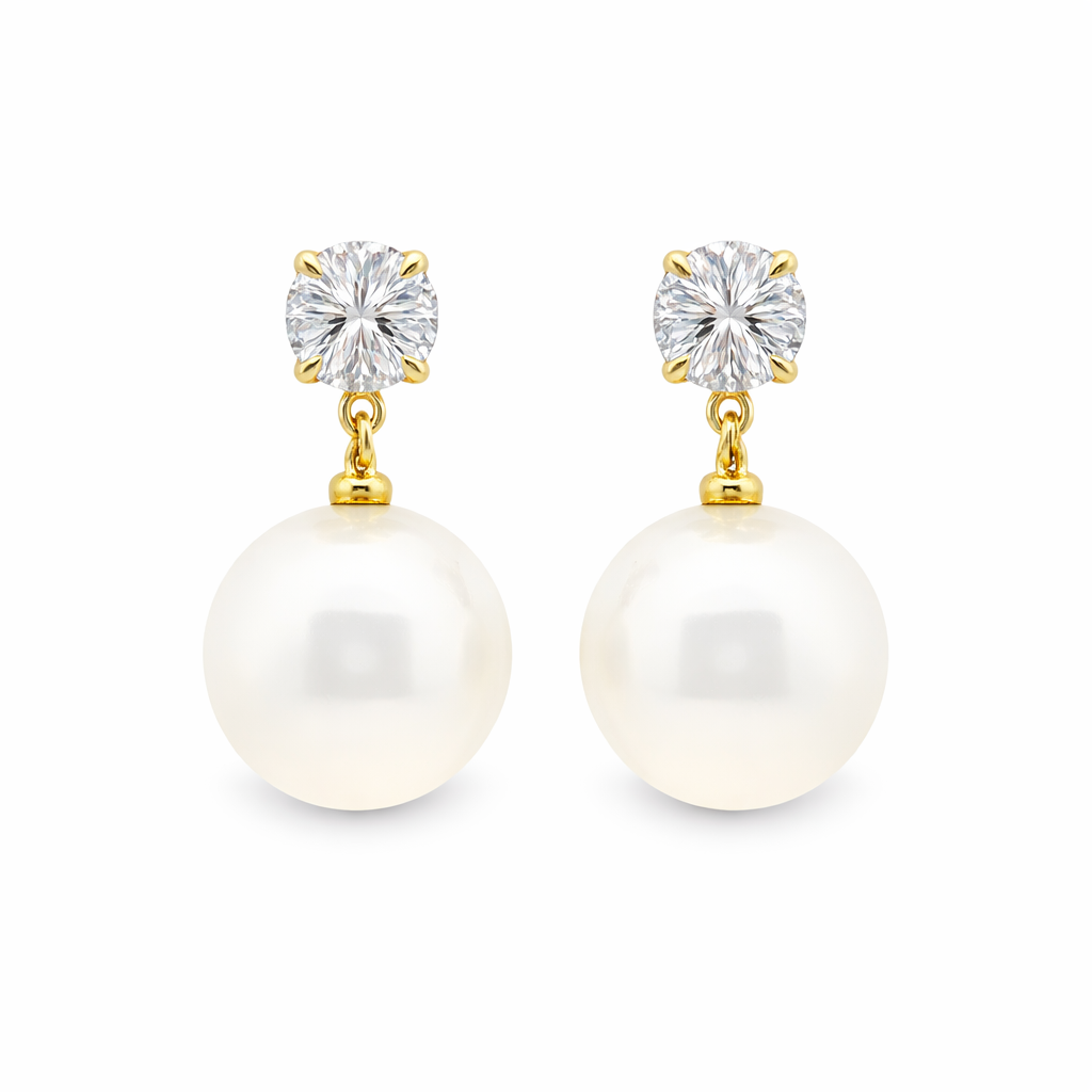 9ct Yellow Gold South Sea Pearl & Round Lab Grown Diamond Drop Stud Earrings – 2.17ct TDW