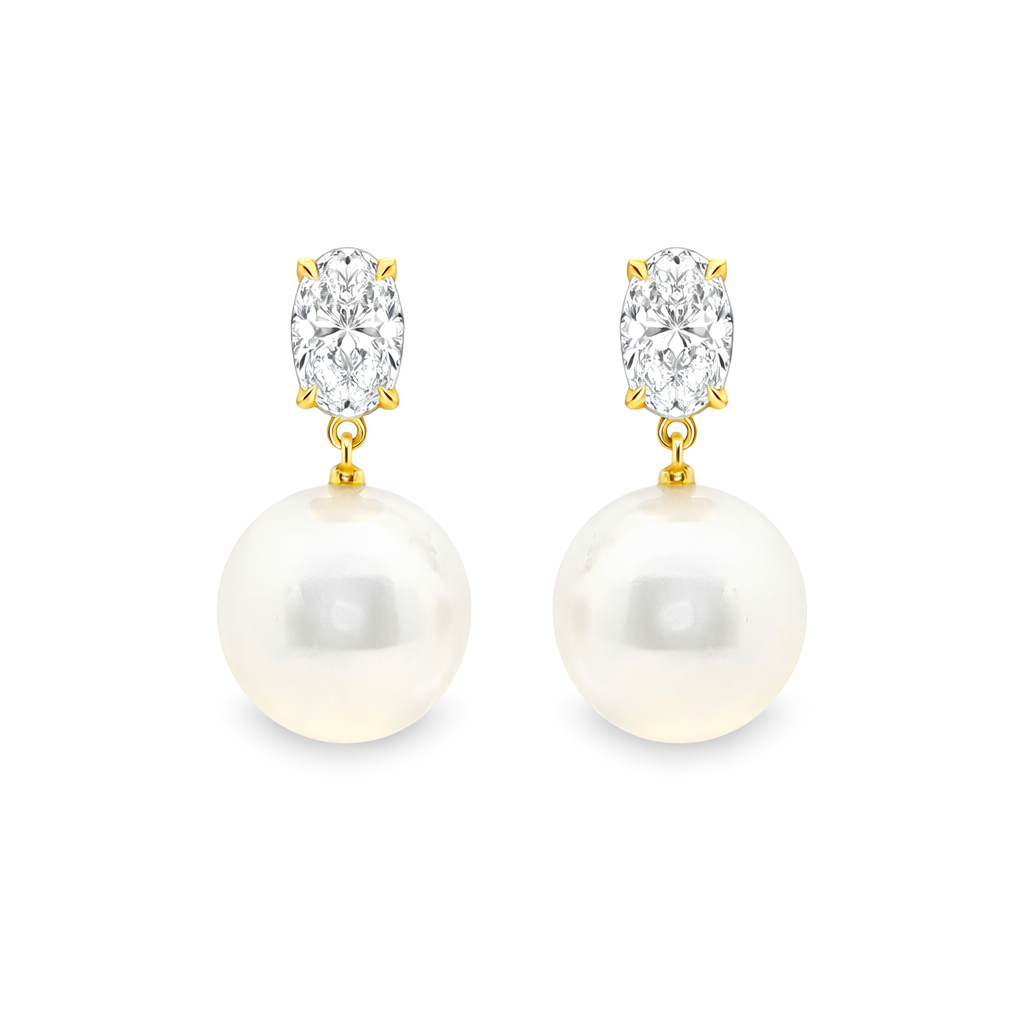 9ct Yellow Gold South Sea Pearl & Oval Cut Lab Grown Diamond Drop Stud Earrings – 2.04ct TDW
